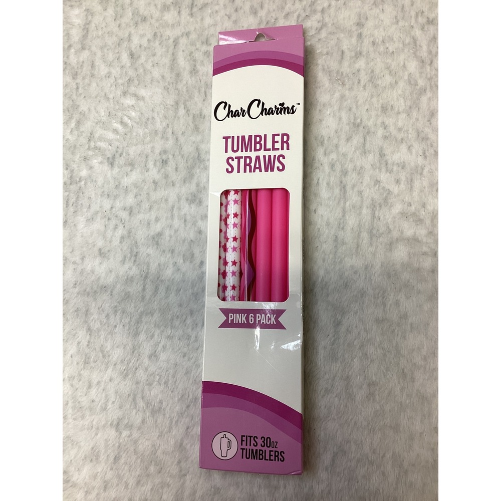 CharCharms Tumbler Straws Pink 6 Pack Fits 30oz Tumblers Reusable Star Pattern